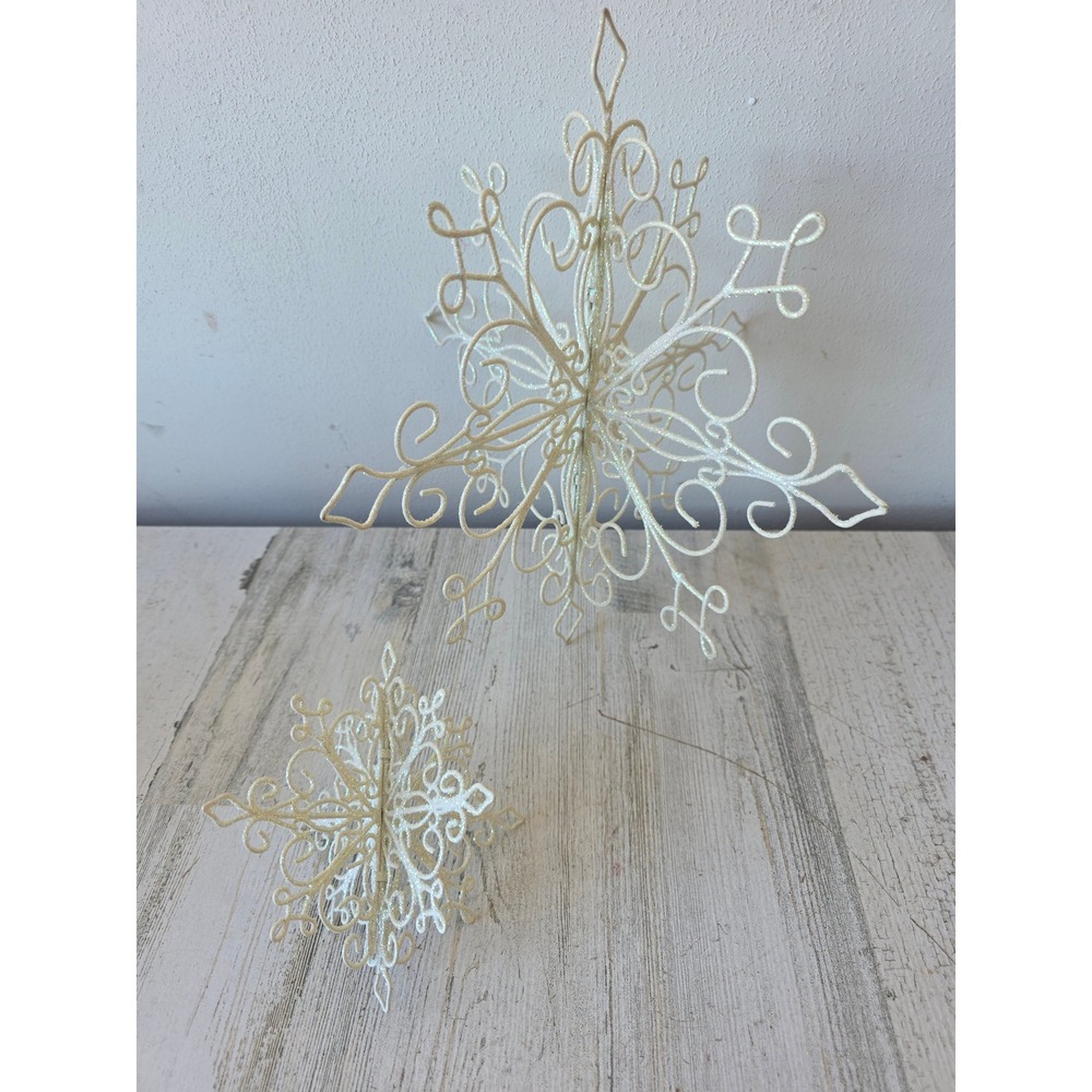 Glitter metal snowflake hanging ornament White sparkle set Xmas decor